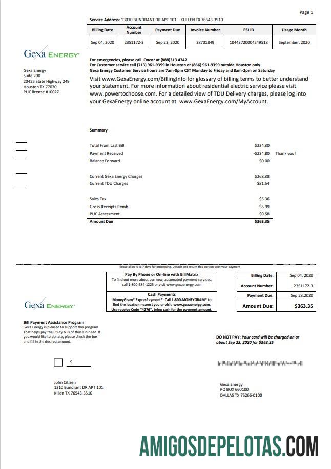 imprimível Modelo de conta de serviços públicos de energia EUA Texas Gexa em formato Word